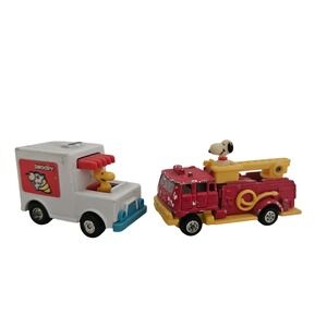 Vintage Aviva Snoopy Fire Truck & Woodstock Ice Cream Truck Diecast Peanuts Set